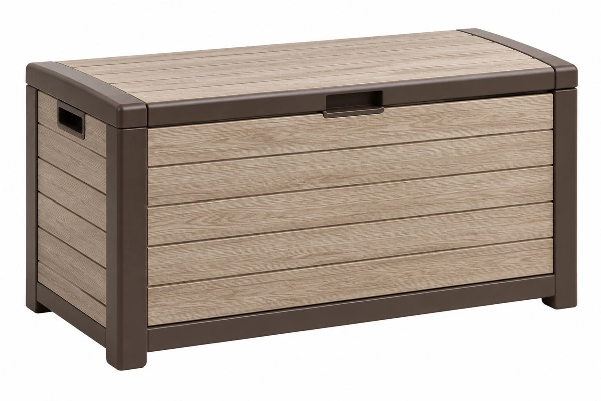 Cassapanca da esterno 120 x 56 x 63 cm in resina beige e marrone con coperchio apribile