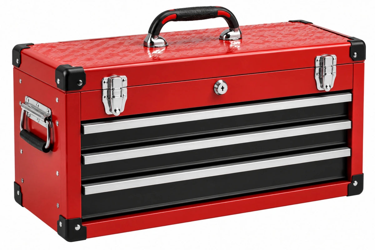 Cassetta portautensili 50 x 25 x 35 cm in acciaio rosso con 3 cassetti e serratura