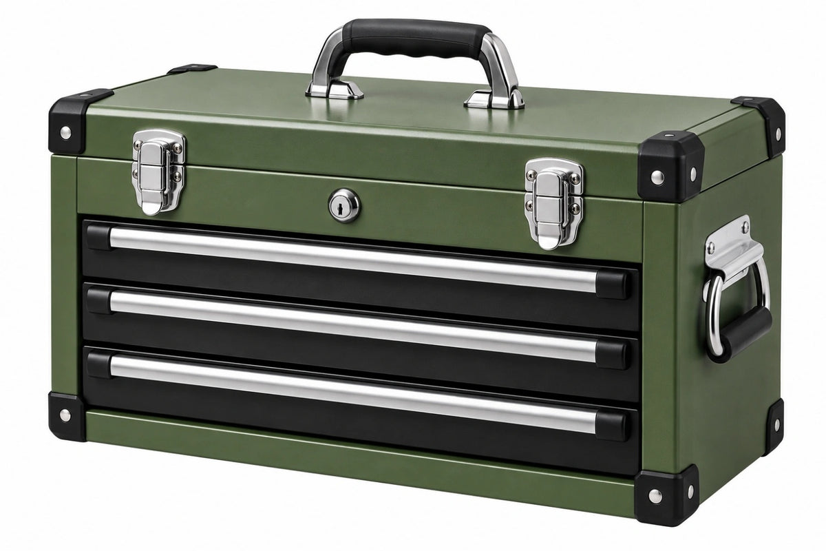 Cassettiera portautensili 60 x 30 x 35 cm in metallo verde con 3 cassetti e chiusura