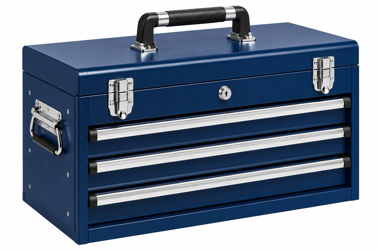 Cassetta portautensili 60 x 26 x 35 cm in acciaio blu con 3 cassetti e serratura
