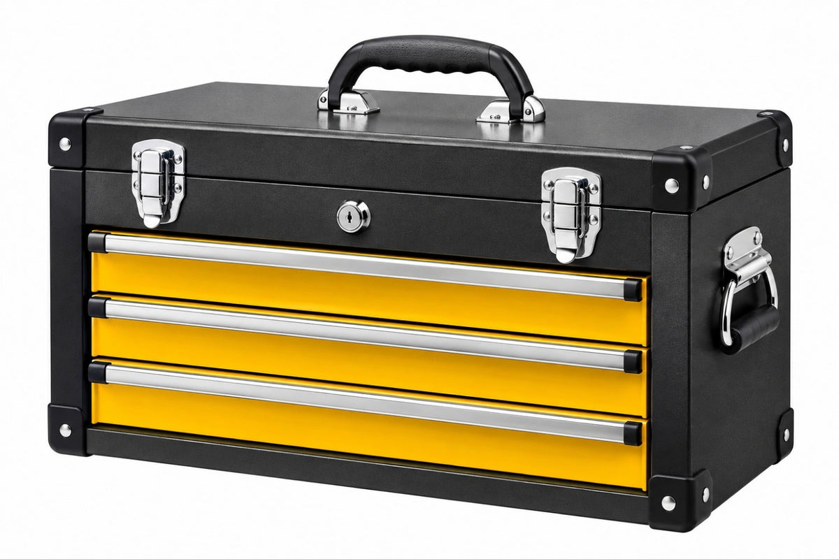 Cassettiera portautensili 60 cm in metallo nero e giallo con 3 cassetti richiudibile