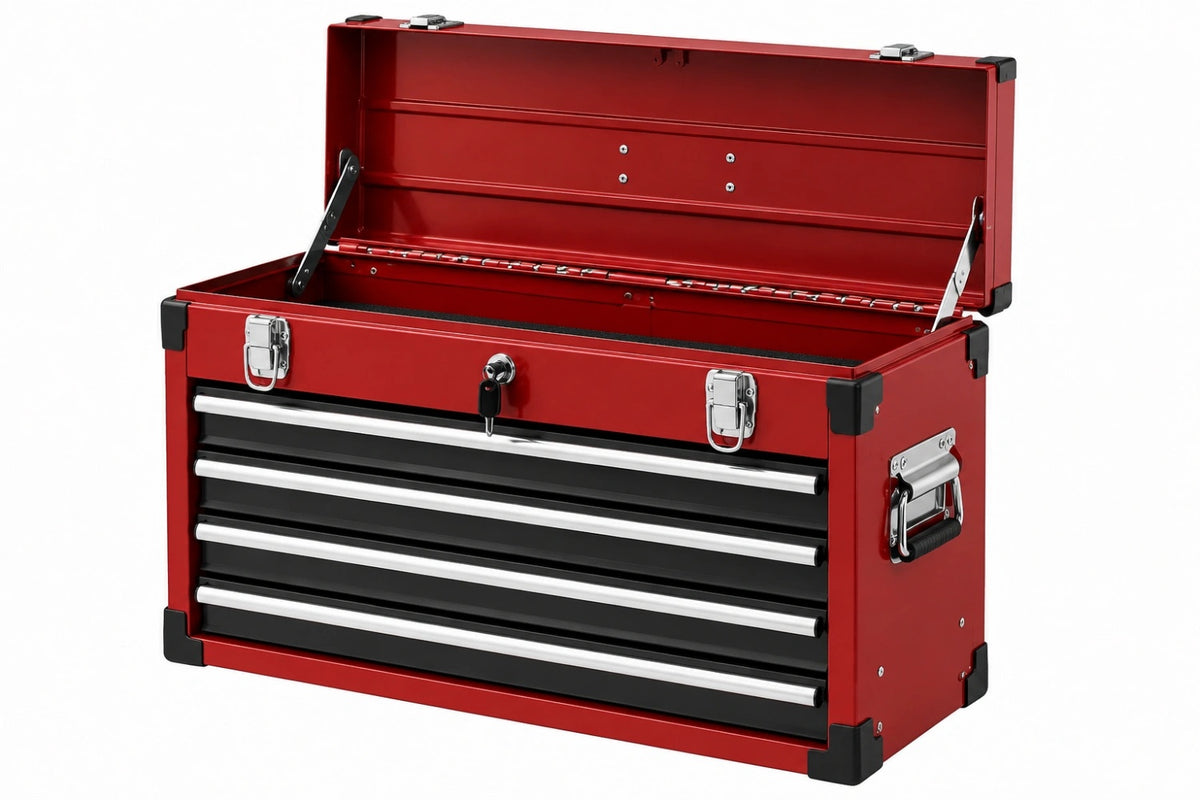 Cassetta portautensili 60 x 30 x 35 cm in acciaio rosso e nero con 4 cassetti e serratura